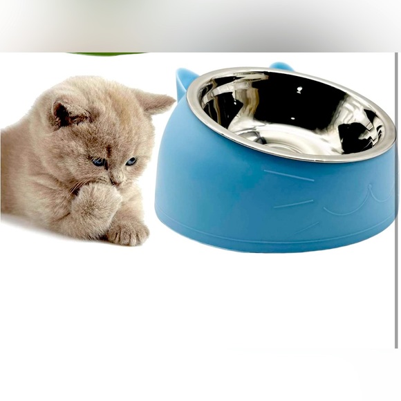 -New --Blue 200ML SMALL Raised Cat Bowls, Tilted Stainless Steel Cat Food Bowls - Picture 2 of 8